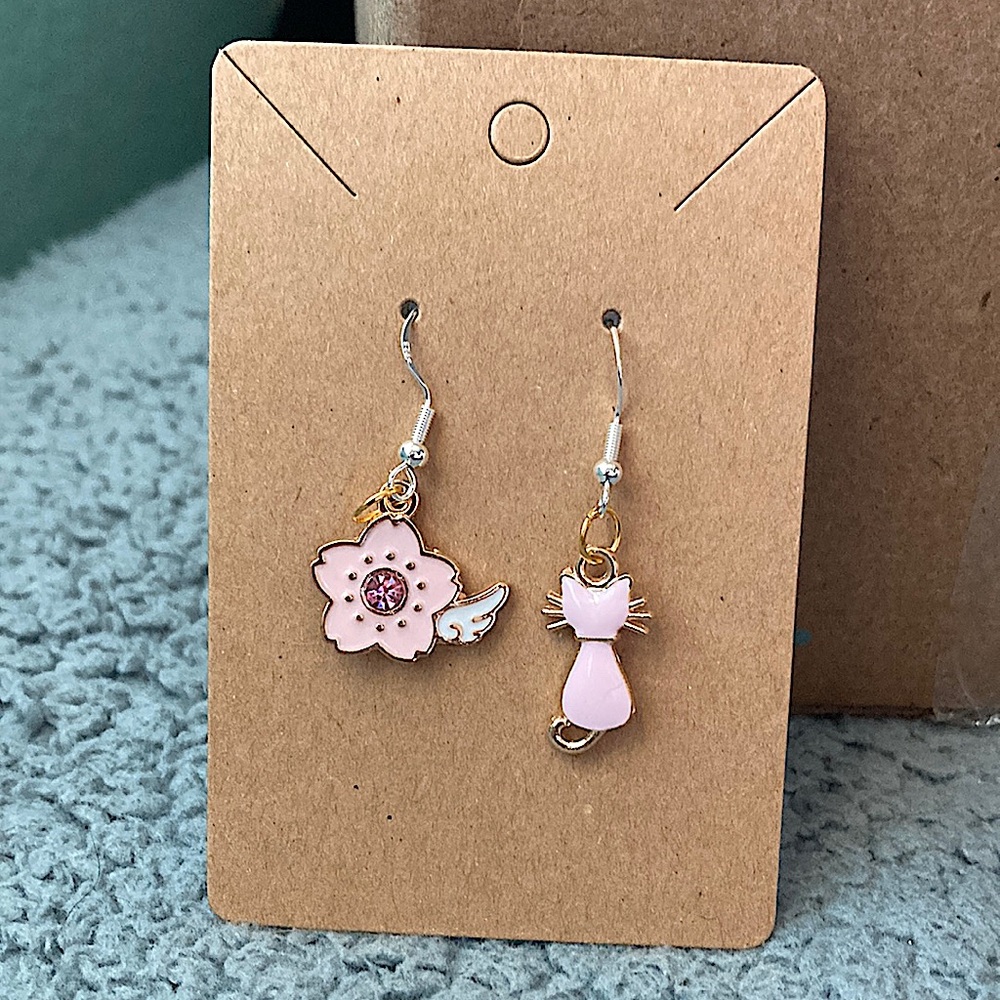 Pink cat and flower earrings
